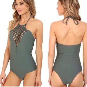 MIKOH Avalon Macrame Crochet Halter One Piece Swimsuit Bikini Bathing Suit Green